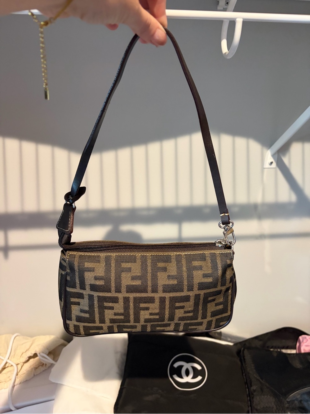 FAUX Fendi Brown and Tab FF Logo Baby Shoulder Bag